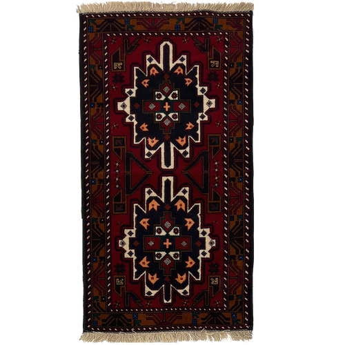 2’9” x 5’6” bright red, navy blue, and Ivory, rich tribal geometric Baluch style carpet