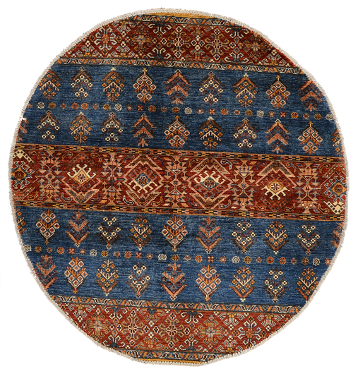 5 foot round, tribal, geometric, striped red and blue, handmade knotted carpet 