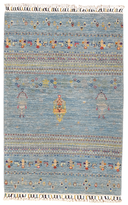 2’7 x 4’ light blue tribal contemporary gabbeh carpet with plant and animal figures