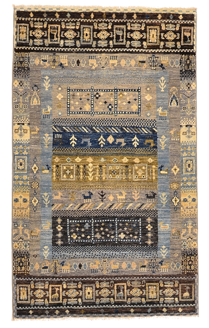 2’10 x 4’10 unique tribal contemporary knotted blue and grey Gabbeh carpet 
