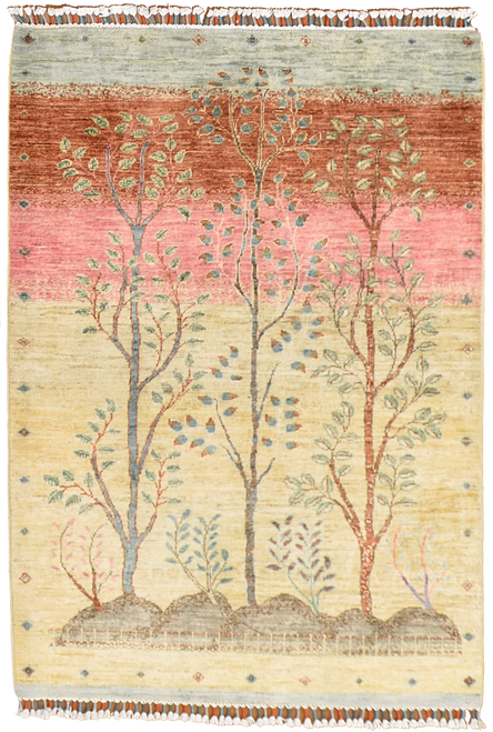 3’3 x 4’9 Yellow, Pink And Multi Color Tree Of Life Hand knotted Carpet 