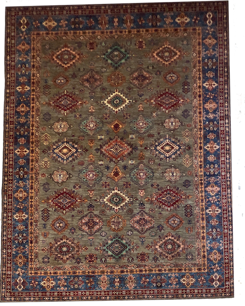 8’9 x 11’9 Mid-tone grey tribal geometric kazak handknotted wool carpet 
