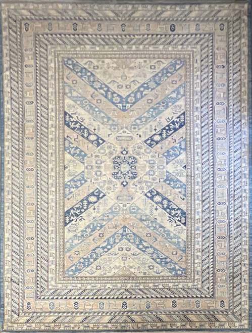 9’1 x 12’4 beautiful ivory, blue and faint orange tribal geometric handknotted carpet 