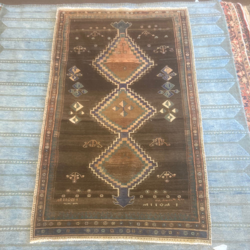 4’11 x 8’4 tribal Shiraz multicolor, handknotted Vintage Rug in dark brown, navy and green colorway