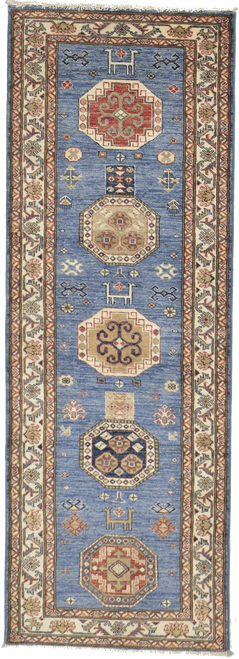 2’9 x 7’11 wool blue tribal geometric kazak runner rug