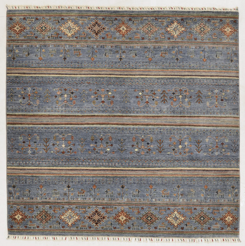 6’6 x 6’8 square tribal geometric striped grey and multicolored carpet