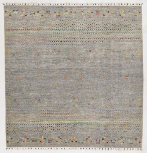 6’6 x 6’8 square tribal geometric striped light grey and multicolored carpet
