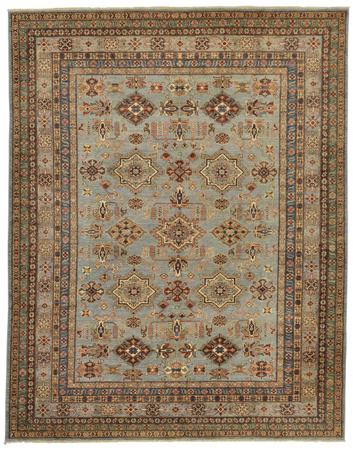 8'4 x 10'7 Silver and Multicolor Tribal Geometric Kazak Handknotted Carpet