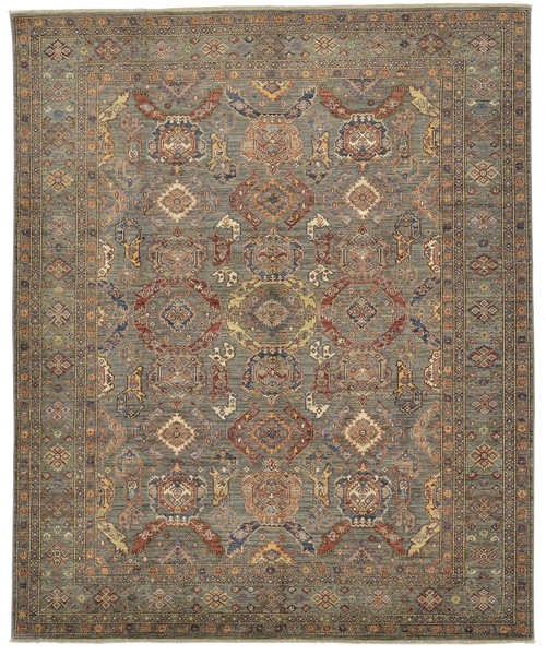 8'1 x 9'9  Tribal Geometric Grey and Multicolor Handknotted Rug