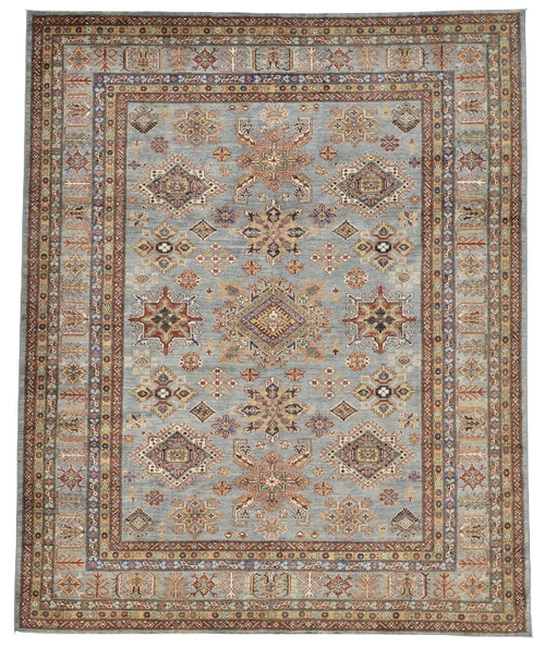8'1 x 9'11 Silver and Multicolor Tribal Geometric Kazak Carpet