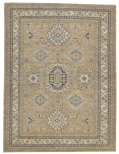 7'9 x 10'4 Super Finely Knotted Beige and Blue Kazak Rug