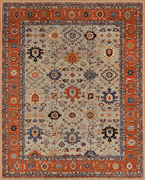 7'9 x 9'7 Bright Orange and Grey Tribal Transitional Handknotted Carpet