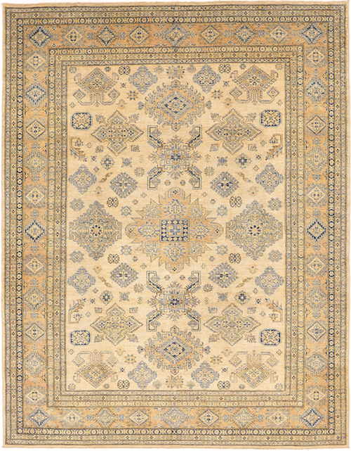 8'1 x 10'3 Light Gold and Blue Tribal Geometric Kazak Carpet