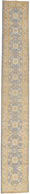 2'8 x 18'7 Light Blue and Ivory White Washed Tribal Geometric Kazak Runner