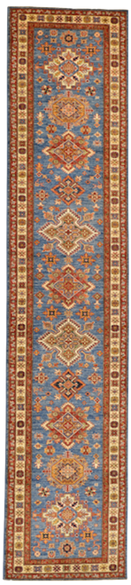 2'8 x 12'6 Multicolor and Denim Blue Tribal Geometric Kazak Runner Rug