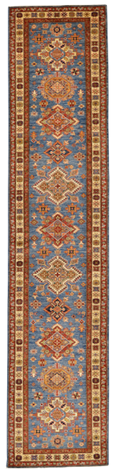 2'9 x 12'6 Super Finely Knotted Multicolored and Blue Kazak Runner Rug