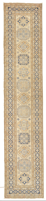 2'10 x 13'11 Ivory White, Yellow and Navy Blue Tribal Geometric Kazak Runner Rug