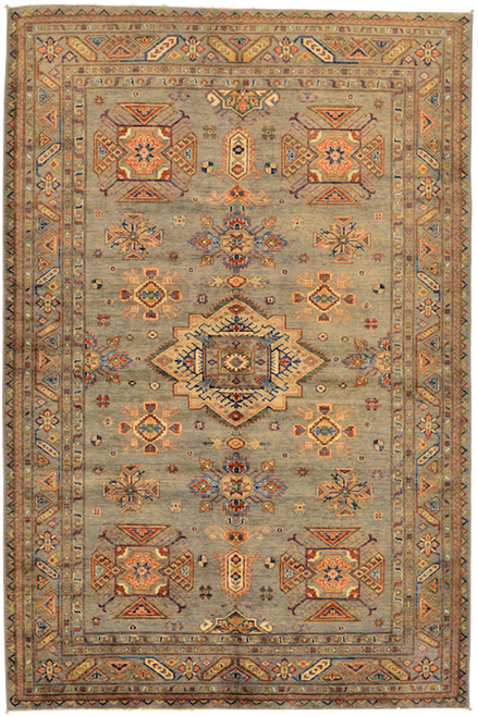 6'0 x 9'0 Light Grey and Multicolor Handknotted Tribal Geometric Kazak Carpet