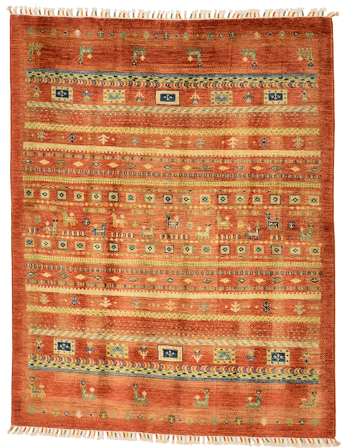 5'0 x 6'4 Bright Orange Stripped Tribal Pictoral Handknotted Carpet