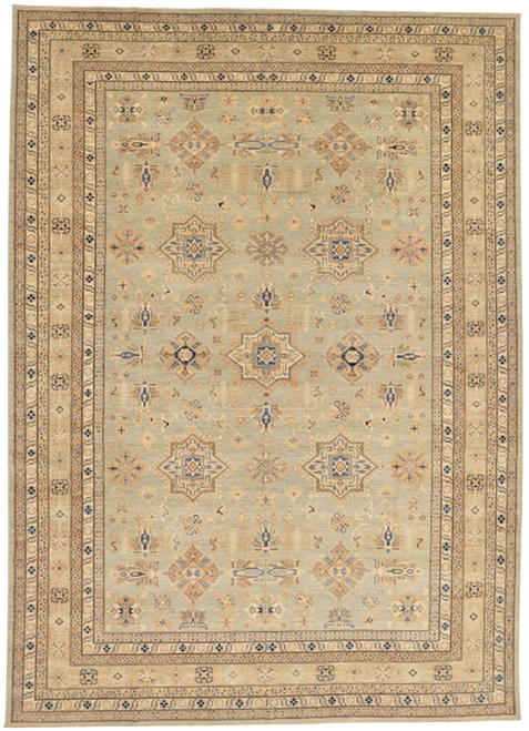 9'0 x 12'5 Light Blue, Ivory and Beige Tribal Geometric Kazak Carpet