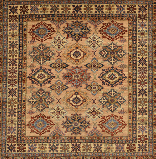 6'0 x 6'1 Peach Orange and Multicolor Square Tribal Geometric Kazak Finely Knotted Wool Rug