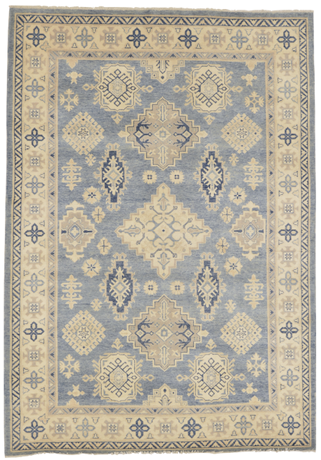 6'1 x 8'9 Tribal Geometric Washed Blue and White Kazak Carpet