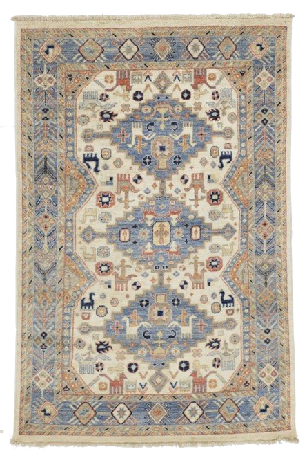 3'11 x 5'11 Tribal Traditional Ersari Handknotted Carpet in Blue and Ivory