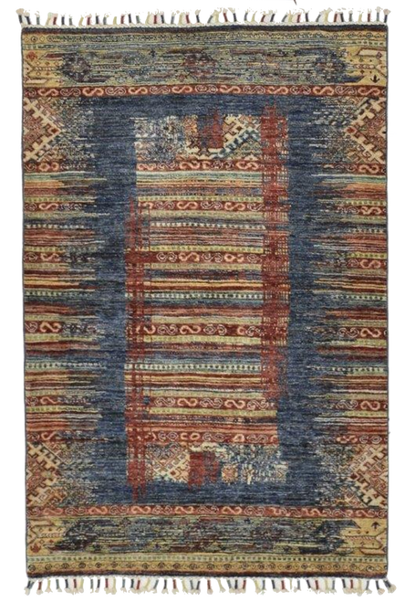 3'3 x 4'11 Distressed Blue and Multicolor Modern Tribal Inspired Handknotted Rug