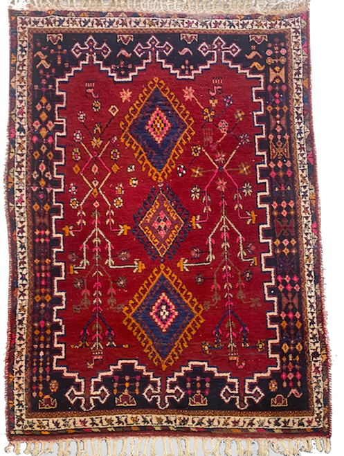 4'7 x 6'4 Vibrant Red Vintage 60's era Persian Tribal Geometric Shiraz Handknotted Carpet