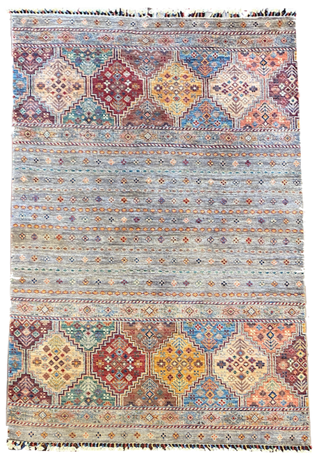 4'8 x 7'0 Grey and Multicolor Stripe Tribal Geometric Khorijin Carpet