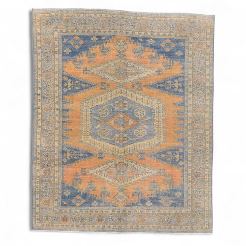 7'4 x 8'11 Light and Bright Blue and Orange Heriz Semi-Antique Carpet