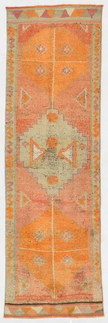 3'1 x 10'1 Orange, Pink and Green Tribal Geometric Handknotted Runner Rug