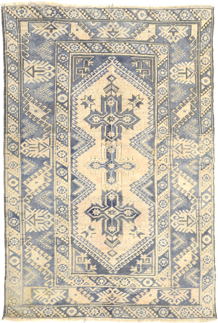 4'0 x 5'7 Vintage Washed Turkish Carpet in Blue-Grey and Ivory