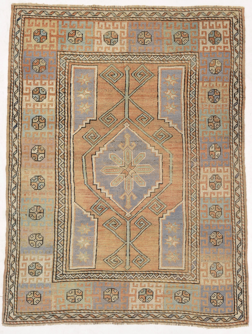 4'2 x 5'8 Orange, Purple and Light Green Tribal Geometric Handknotted Turkish Rug