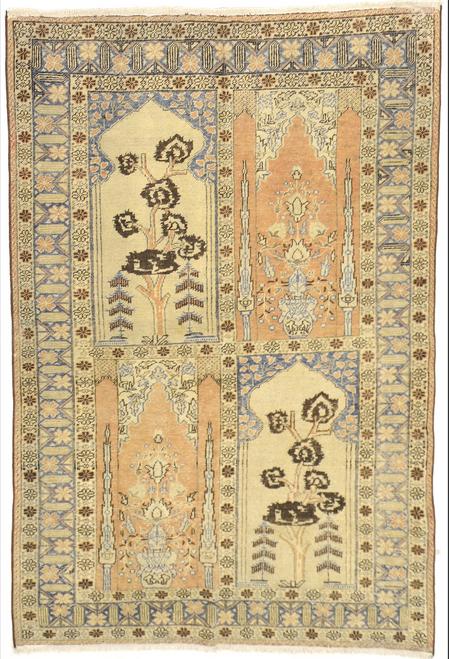 4'2 x 6'6 Orange Purple and Beige Pictoral Handknotted Carpet 4'2 x 6'6 Orange Purple and Beige Pictoral Handknotted Carpet