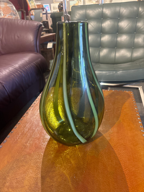 14 Inch High Green Art Glass Striped Vase