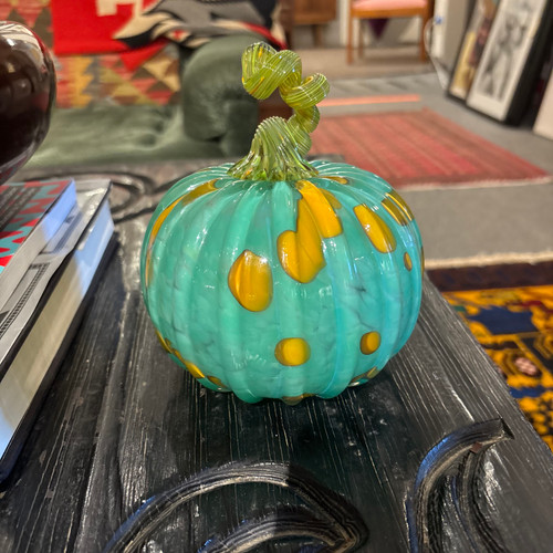 6 inch Tall Blown Glass Turquoise, Gold, and Green Pumpkin