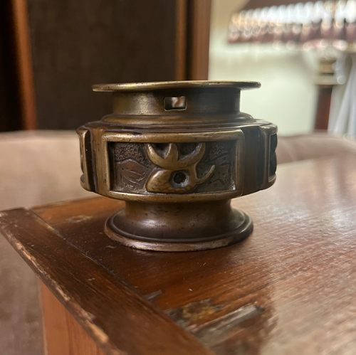 Small Asian Low Brass Vase with Notched Rim for Hanging