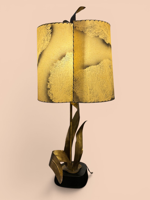 Fabulous mid century Yasha Heifetz Signed near cord, Flora Brass table lamp with coral cyanotype parchment shade. Very rare lamp