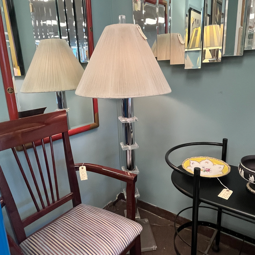 Lucite + chrome floor lamp with yarn shade.