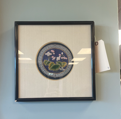 Antique Chinese silk embroidery roundel — lotus flowers, Greek-key border. Framed by G. Picher, Westport, CT.
