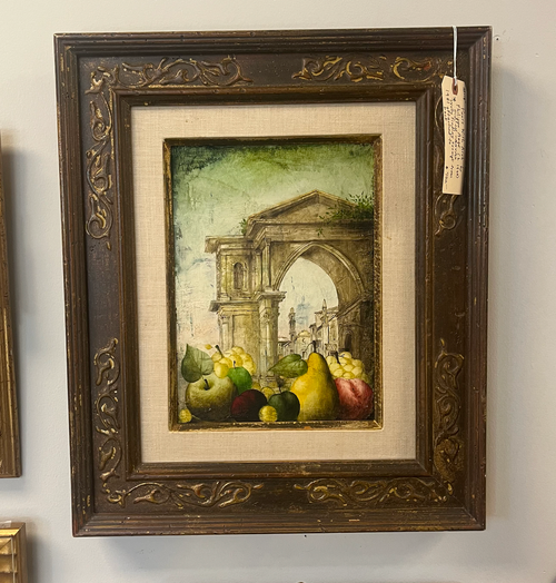 “Pears with Arch” by Philippe Augé (b. 1935). Oil/paper/canvas. Wally Findlay receipt from 1981 attached to back. 22 × 18".