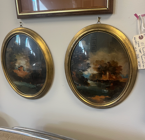 Antique gilt wood convex-glass oval frames. Oil paintings (on copper?), signed “BAR…”; Edwardian? Mid-19th c.? Pair.