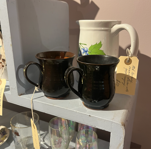 Delicate signed ceramic mugs, signed & dated 1982. Pair