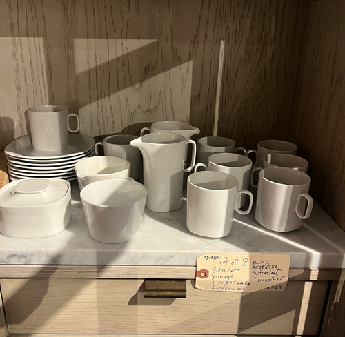 Arzberg — set of 8: 8 saucers, 8 mugs, 1 sugar with lid, 2 creamers. Block Langenthal, Switzerland, “Transition.”