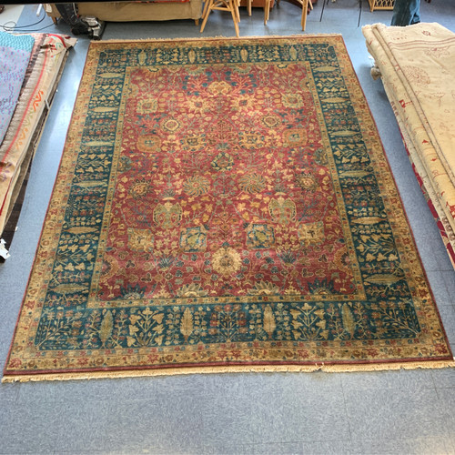 10’0” x 13’8” deep red, Forest green, light brown traditional agra style high sheen handknotted carpet