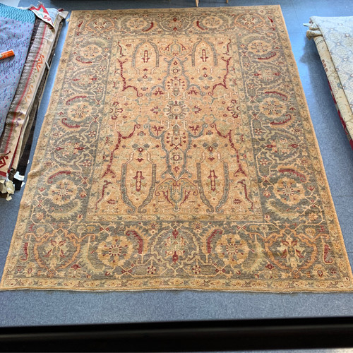 10’2” x 14’4” green, orange and red traditional handknotted peshawar style rug with natural dyes