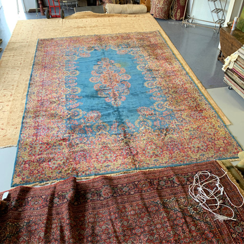 **discoloration 10’11” x 16’10” blue multicolor floral handknotted thick pile vintage kirman traditional rug