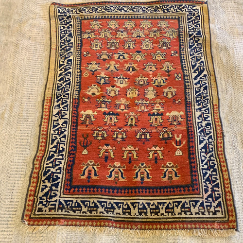 3’3” x 5’3” rare antique tribal red, ivory and navy blue handknotted rug