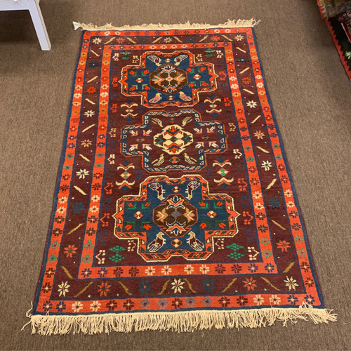 4‘6“ X 7‘3“ vintage Turkish hand made red burgundy and dark blue rug